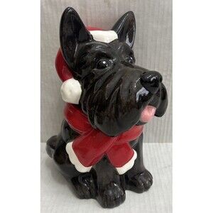 BLACK SCOTTISH TERRIER SCOTTIE DOG COOKIE JAR CHRISTMAS SANTA HAT Earthenware